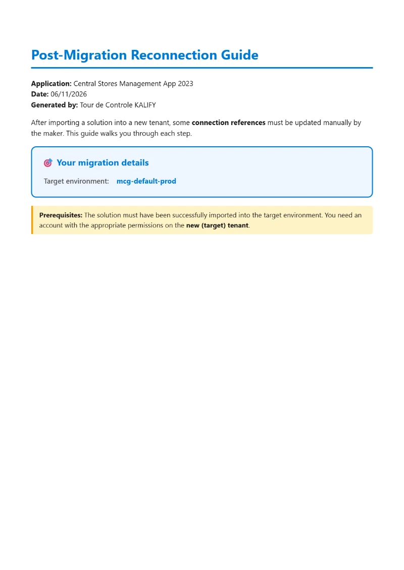 Page de garde du guide PDF de reconnexion post-migration généré par Tour de Contrôle
