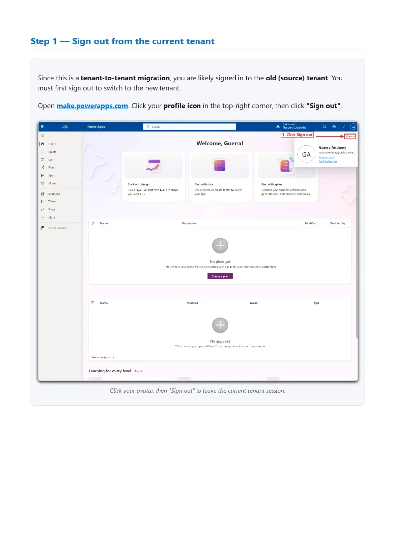 Étape illustrée du guide généré : se déconnecter du tenant source, capture annotée
