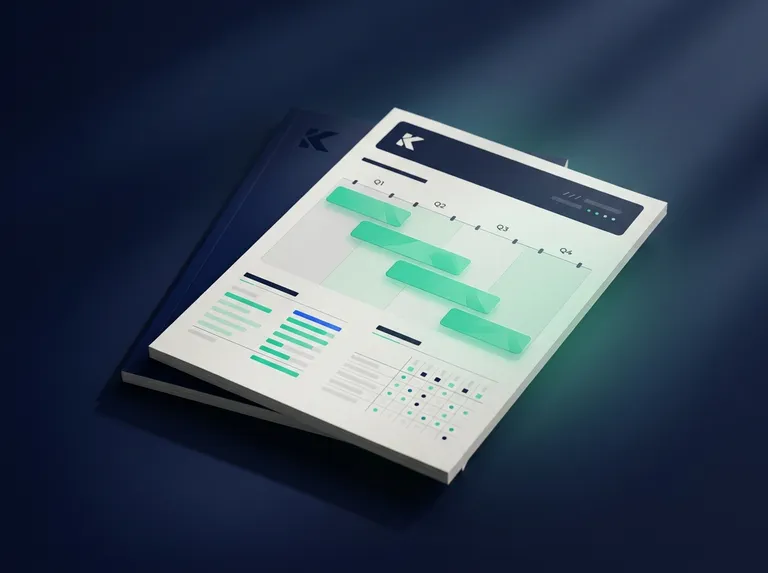 Mockup du livrable feuille de route — Gantt Q1-Q4 + budget + matrice RACI